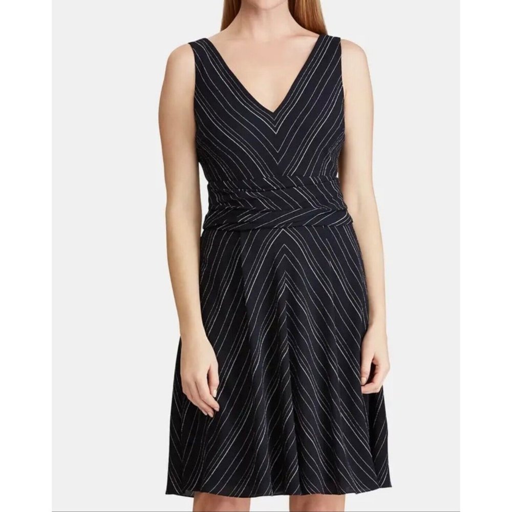Ralph Lauren Dress 12 Blue White Stripe V Neck A Line Washable Career $145